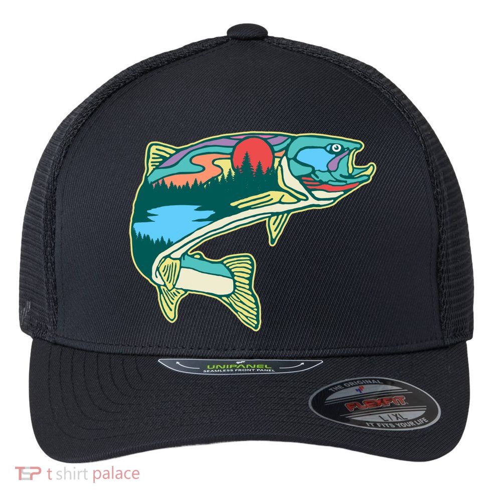 Nature Trout Illustration Vintage Fly Fishing Retro Graphic Gift Flexfit Unipanel Trucker Cap