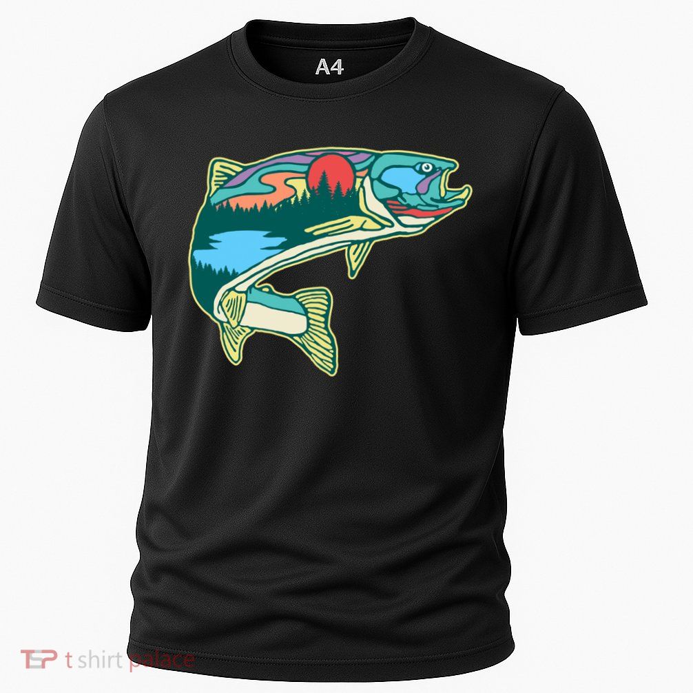 Nature Trout Illustration Vintage Fly Fishing Retro Graphic Gift Performance Shirt