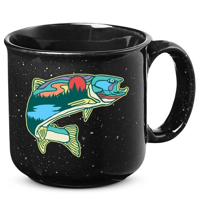 Nature Trout Illustration Vintage Fly Fishing Retro Graphic Gift 15oz Campfire Ceramic Mug