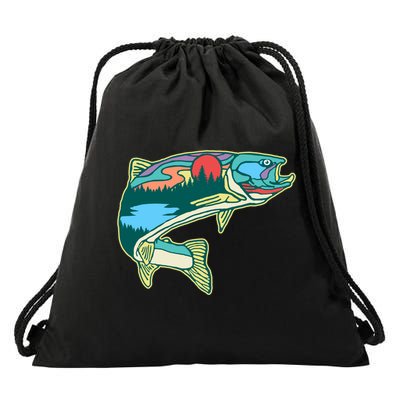 Nature Trout Illustration Vintage Fly Fishing Retro Graphic Gift Drawstring Bag