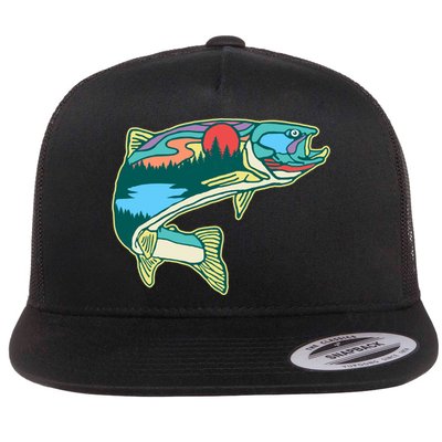 Nature Trout Illustration Vintage Fly Fishing Retro Graphic Gift Flatbill Hat