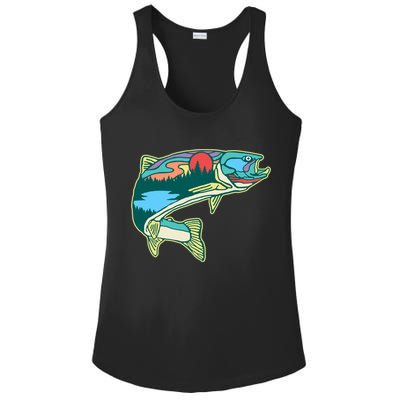 Nature Trout Illustration Vintage Fly Fishing Retro Graphic Gift Ladies PosiCharge Competitor Racerback Tank