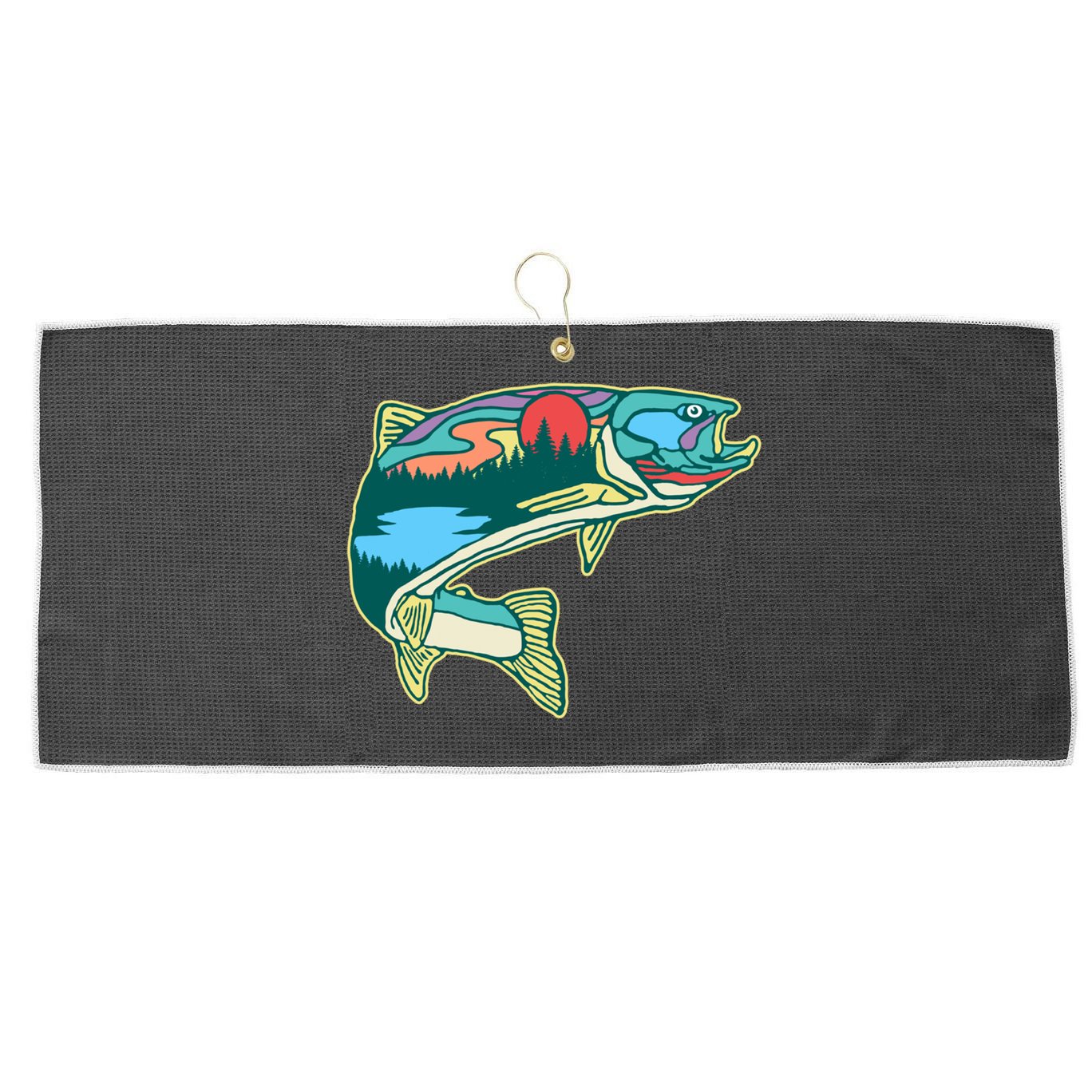 Nature Trout Illustration Vintage Fly Fishing Retro Graphic Gift Large Microfiber Waffle Golf Towel
