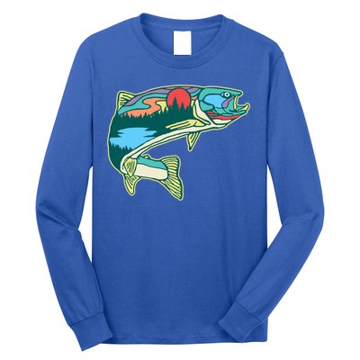 Nature Trout Illustration Vintage Fly Fishing Retro Graphic Gift Long Sleeve Shirt