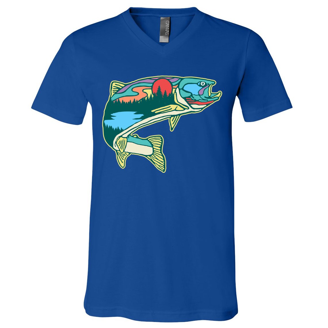 Nature Trout Illustration Vintage Fly Fishing Retro Graphic Gift V-Neck T-Shirt