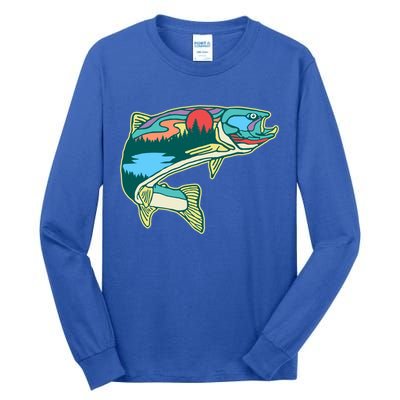 Nature Trout Illustration Vintage Fly Fishing Retro Graphic Gift Tall Long Sleeve T-Shirt