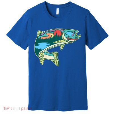 Nature Trout Illustration Vintage Fly Fishing Retro Graphic Gift Premium T-Shirt
