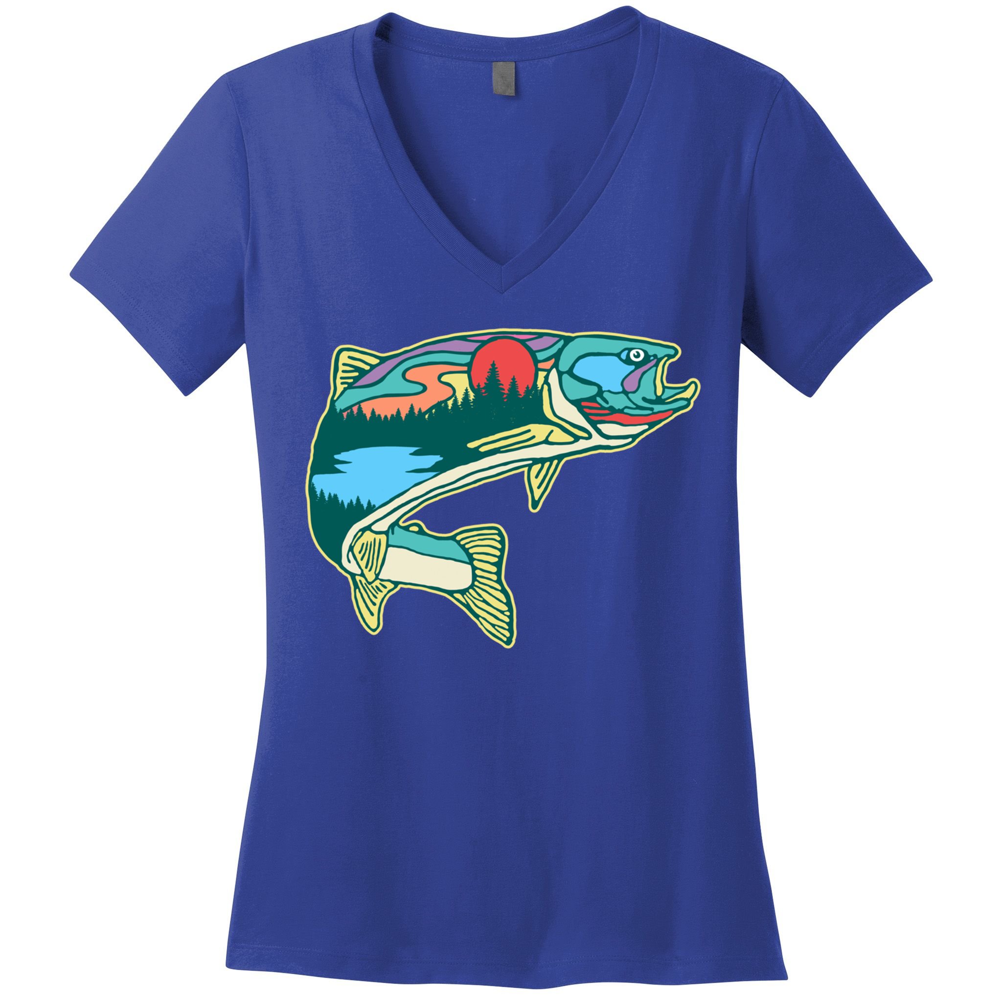 Nature Trout Illustration Vintage Fly Fishing Retro Graphic Gift Women's V-Neck T-Shirt