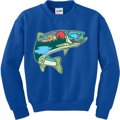 Nature Trout Illustration Vintage Fly Fishing Retro Graphic Gift Kids Sweatshirt
