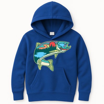 Nature Trout Illustration Vintage Fly Fishing Retro Graphic Gift Kids Hoodie