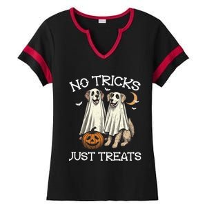 No Tricks Just Treats Dog In Ghost Costume Halloween Design Gift Ladies Halftime Notch Neck Tee