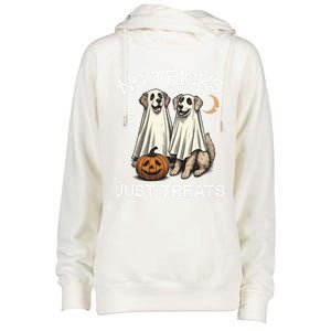 No Tricks Just Treats Dog In Ghost Costume Halloween Design Gift Womens Funnel Neck Pullover Hood