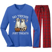 No Tricks Just Treats Dog In Ghost Costume Halloween Design Gift Women's Long Sleeve Flannel Pajama Set 