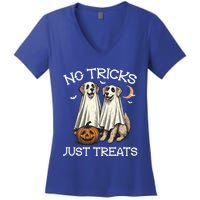 No Tricks Just Treats Dog In Ghost Costume Halloween Design Gift Women's V-Neck T-Shirt