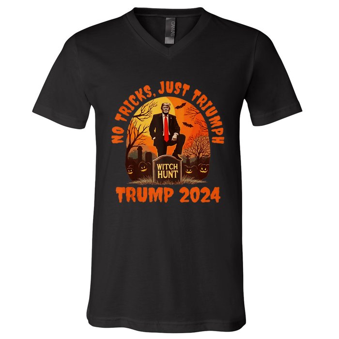 No Tricks Just Triumph Trump 2024 Halloween Witch Hunt Design V-Neck T-Shirt