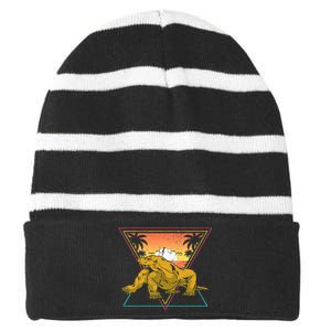 Nature Tropical Lizard Reptile Animal Sunset Komodo Dragon Striped Beanie with Solid Band