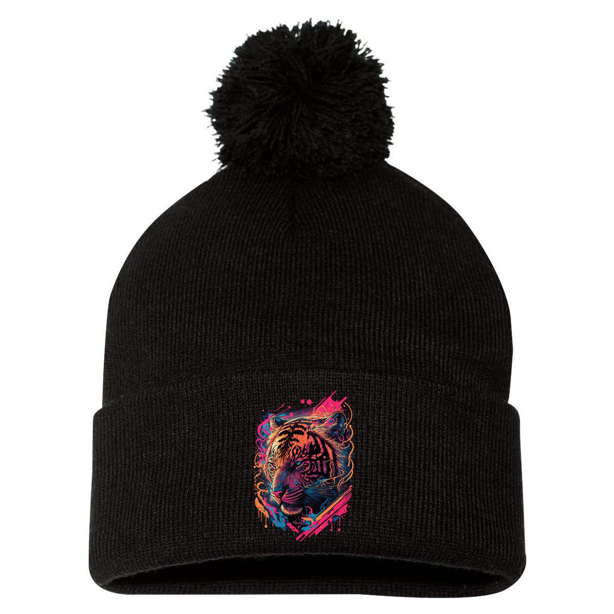 Neon Tiger Pom Pom 12in Knit Beanie