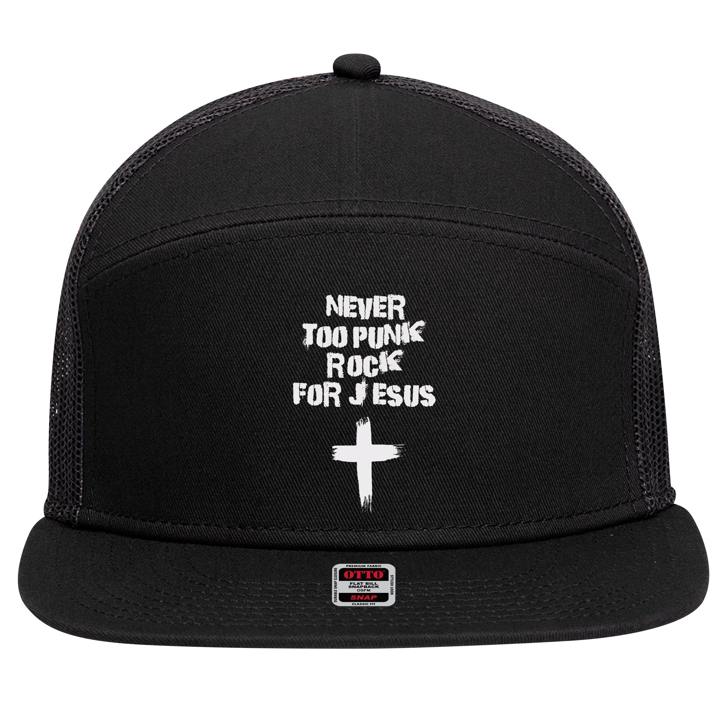 Never Too Punk Rock For Jesus Religious Christian Bands 7 Panel Mesh Trucker Snapback Hat