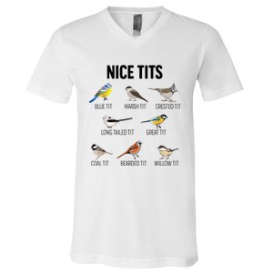 Nice Tits Pun Joke Funny Bird Lover Enthusiast Birdwatcher V-Neck T-Shirt