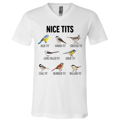 Nice Tits Pun Joke Funny Bird Lover Enthusiast Birdwatcher V-Neck T-Shirt