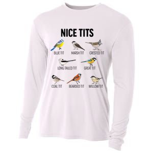 Nice Tits Pun Joke Funny Bird Lover Enthusiast Birdwatcher Cooling Performance Long Sleeve Crew