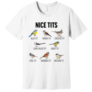 Nice Tits Pun Joke Funny Bird Lover Enthusiast Birdwatcher Premium T-Shirt