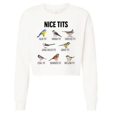 Nice Tits Pun Joke Funny Bird Lover Enthusiast Birdwatcher Cropped Pullover Crew