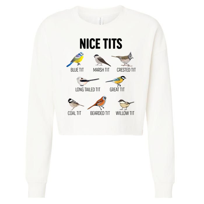Nice Tits Pun Joke Funny Bird Lover Enthusiast Birdwatcher Cropped Pullover Crew