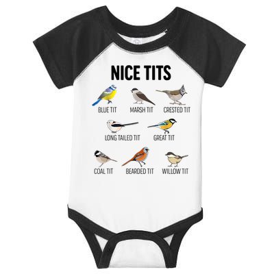 Nice Tits Pun Joke Funny Bird Lover Enthusiast Birdwatcher Infant Baby Jersey Bodysuit