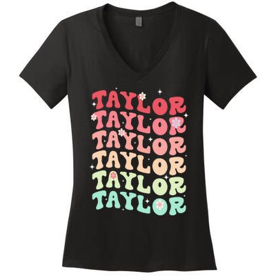 Name T.AYLOR Retro Groovy 80's 70's Colourful Women's V-Neck T-Shirt