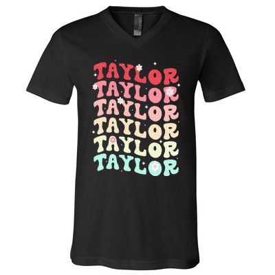 Name T.AYLOR  Retro Groovy 80's 70's Colourful V-Neck T-Shirt