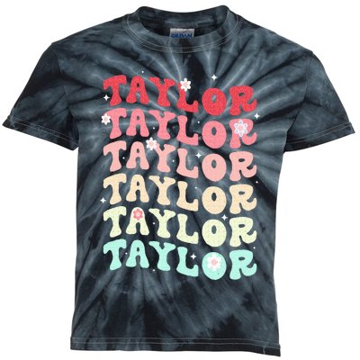 Name T.AYLOR  Retro Groovy 80's 70's Colourful Kids Tie-Dye T-Shirt