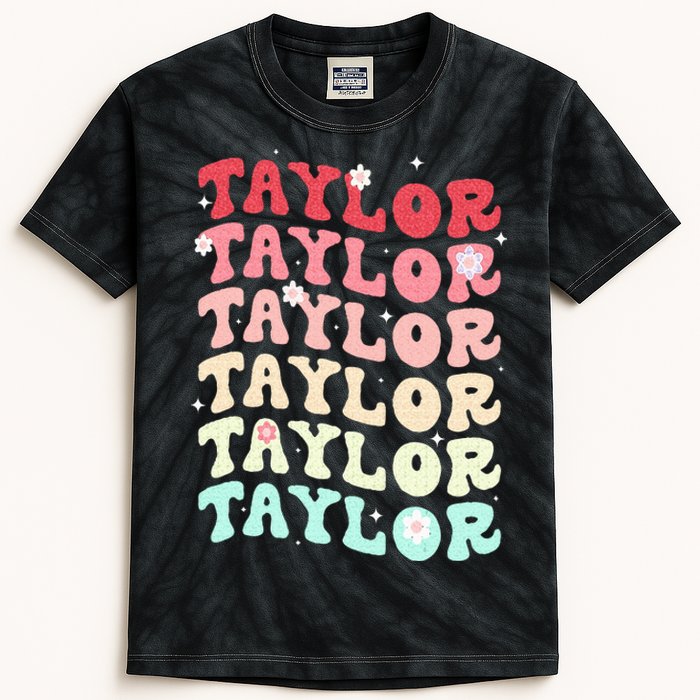 Name T.AYLOR  Retro Groovy 80's 70's Colourful Kids Tie-Dye T-Shirt