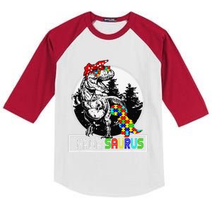 Nanasaurus T Rex Dinosaur Nana Saurus Autism Awareness Kids Colorblock Raglan Jersey