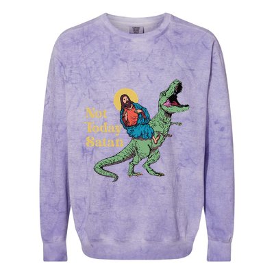 Not Today Satan Jesus Riding Dinosaur T Rex Funny Sarcastic Colorblast Crewneck Sweatshirt