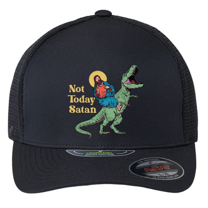 Not Today Satan Jesus Riding Dinosaur T Rex Funny Sarcastic Flexfit Unipanel Trucker Cap