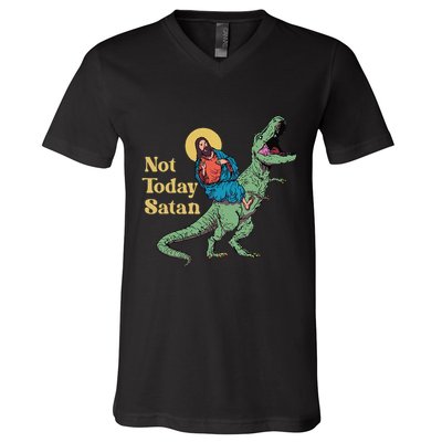Not Today Satan Jesus Riding Dinosaur T Rex Funny Sarcastic V-Neck T-Shirt