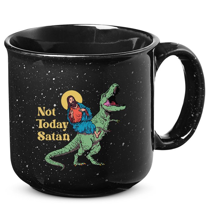 Not Today Satan Jesus Riding Dinosaur T Rex Funny Sarcastic 15oz Campfire Ceramic Mug