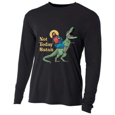 Not Today Satan Jesus Riding Dinosaur T Rex Funny Sarcastic Cooling Performance Long Sleeve Crew