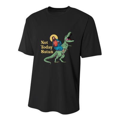 Not Today Satan Jesus Riding Dinosaur T Rex Funny Sarcastic Youth Performance Sprint T-Shirt