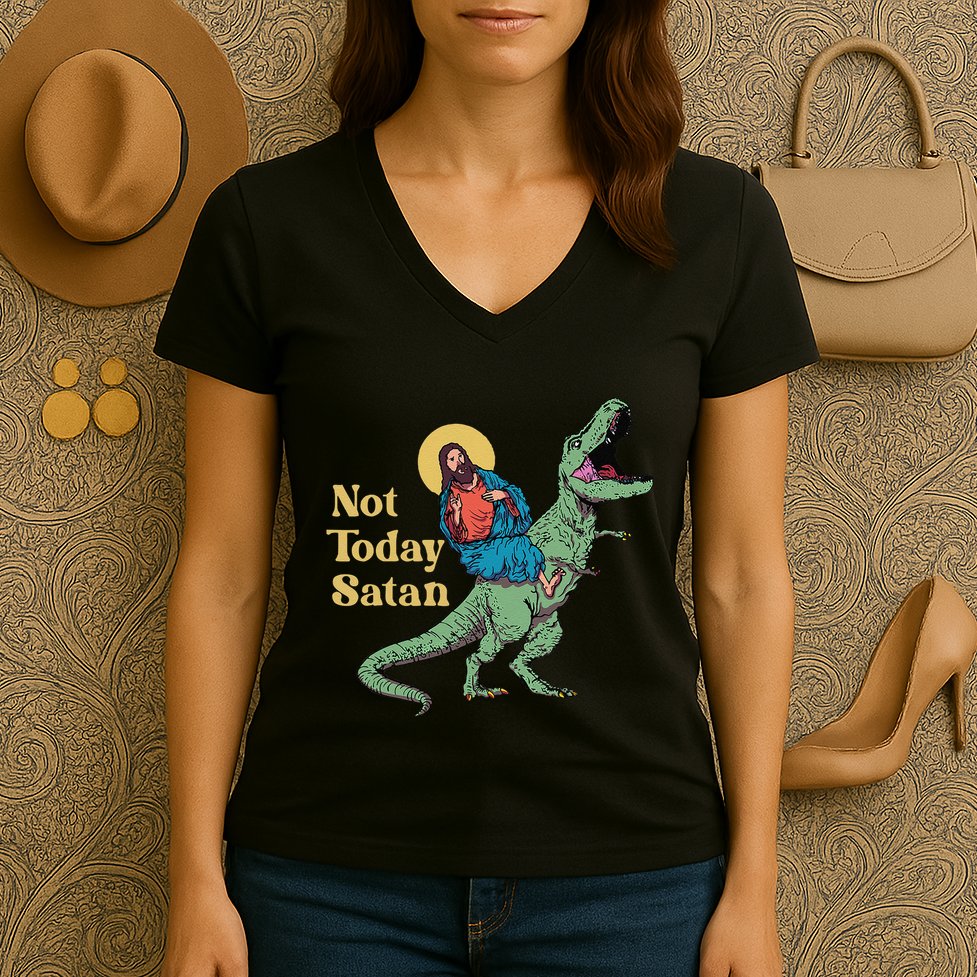 Not Today Satan Jesus Riding Dinosaur T Rex Funny Sarcastic Women's V-Neck T-Shirt