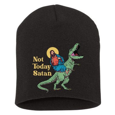 Not Today Satan Jesus Riding Dinosaur T Rex Funny Sarcastic Short Acrylic Beanie