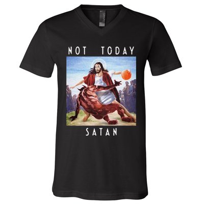 Not Today Satan Jesus Vs Satan In Basketball V-Neck T-Shirt