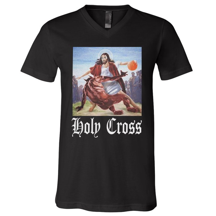 Not Today Satan Jesus Crossover Basketball Holy Cross V-Neck T-Shirt