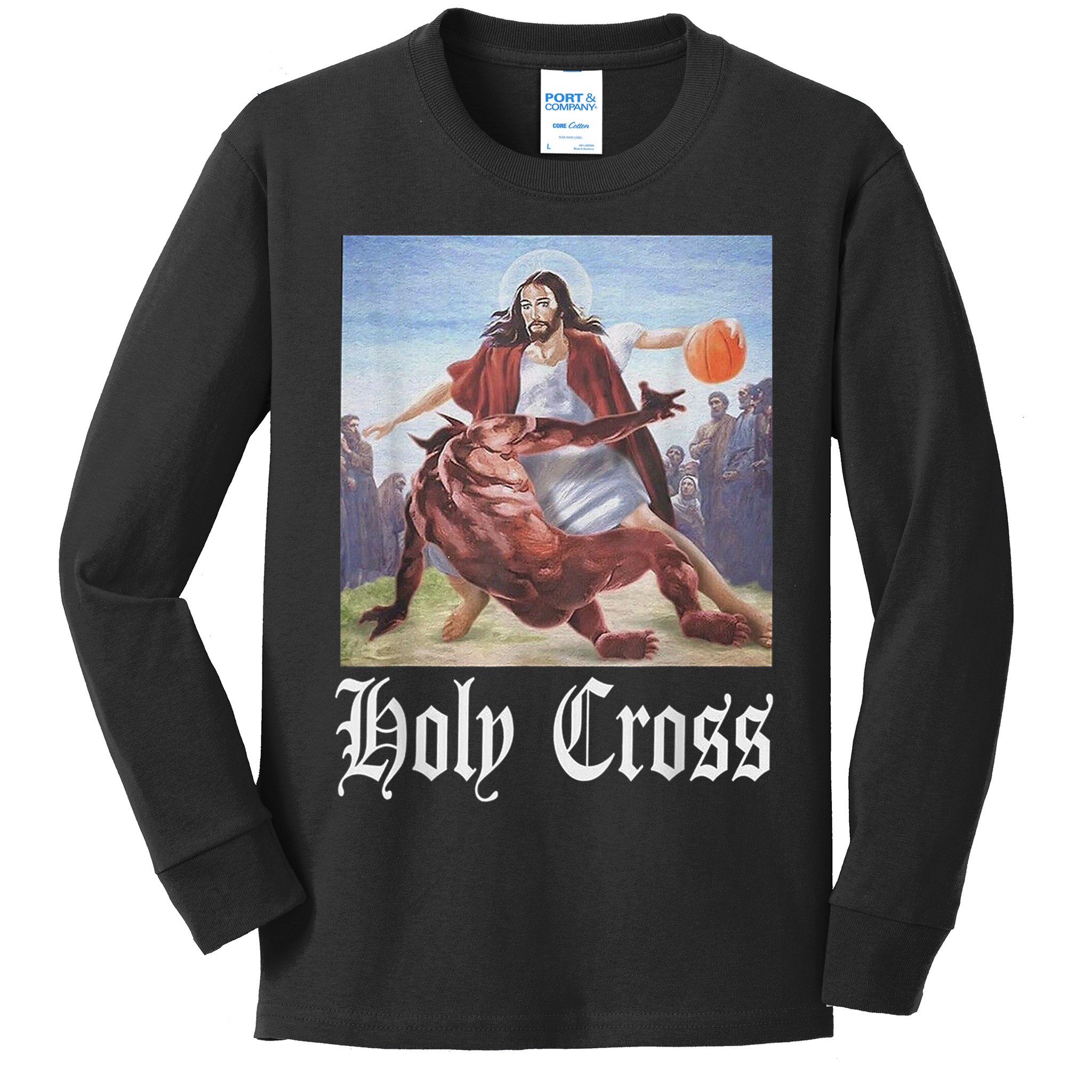 Not Today Satan Jesus Crossover Basketball Holy Cross Kids Long Sleeve Shirt