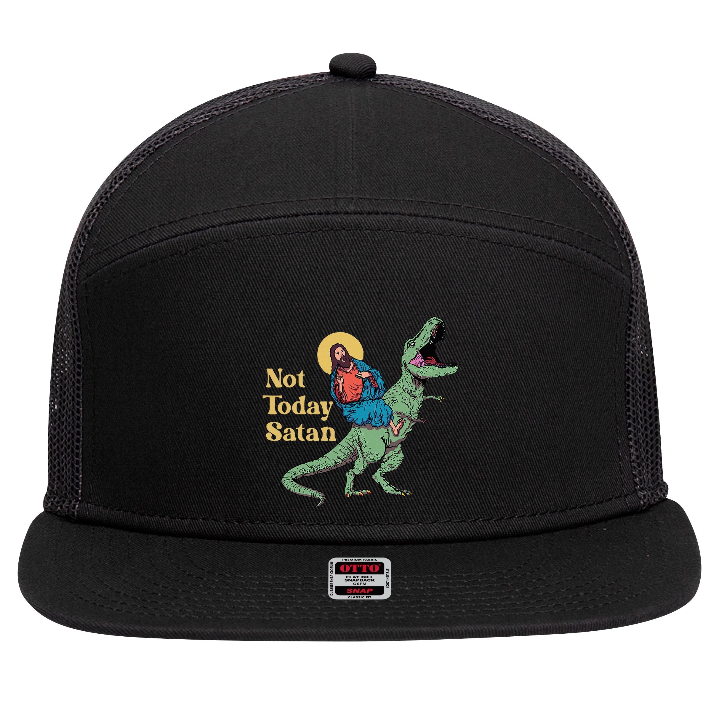 Not Today Satan Jesus Riding Dinosaur T Rex Funny Sarcastic 7 Panel Mesh Trucker Snapback Hat