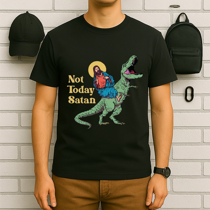 Not Today Satan Jesus Riding Dinosaur T Rex Funny Sarcastic T-Shirt