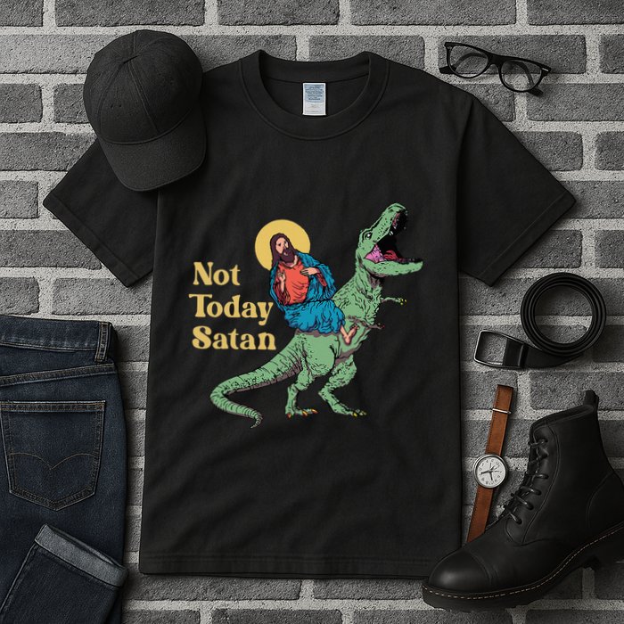 Not Today Satan Jesus Riding Dinosaur T Rex Funny Sarcastic Tall T-Shirt