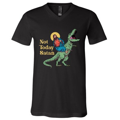 Not Today Satan Jesus Riding Dinosaur T Rex Funny Sarcastic V-Neck T-Shirt