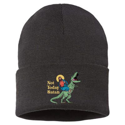 Not Today Satan Jesus Riding Dinosaur T Rex Funny Sarcastic Sustainable Knit Beanie